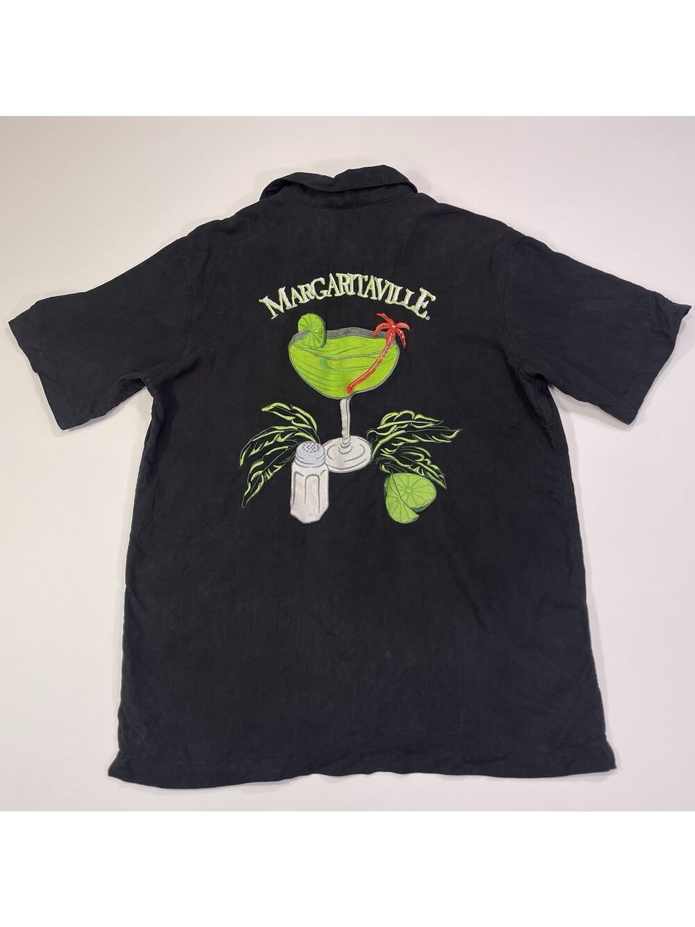 Margaritaville‎ Silk Camp Shirt Men’s Small Black Embroidered Graphic Drink